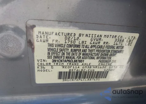 2012 Nissan Versa 1.6 Sv z USA, uszkodzony, nr VIN 3N1CN7AP6CL887651